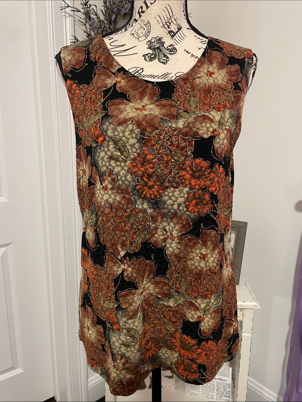 Chico's Black Floral Sleeveless Tunic with Rust and Olive Accents